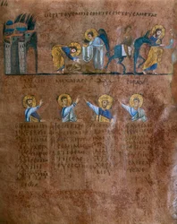 Detail of a Folio from the Codex Purpureus Rossanensis, Greek Evangelist Miniature in One Scriptorium Probably from Antioch in Syria or Cesarea Palestina. Kept in the Diocesan Museum of Rossano